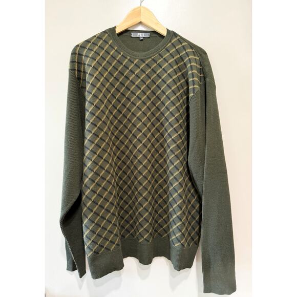 Fiji Mens Sweater Large Olive green Plaid Made In Italy Relaxed soft Size L - Picture 2 of 7